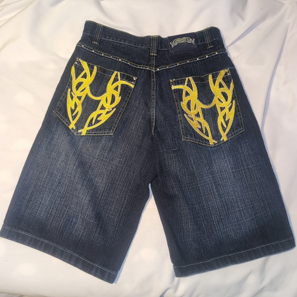 Evolution In Design Shorts Mens 34 Blue Jean Jorts Baggy Y2K Embroidered